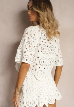 Biała Bawełniana Bluzka z Ażurowym Wzorem Dlinea