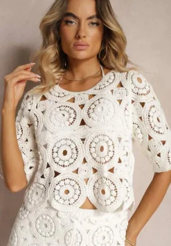 Biała Bawełniana Bluzka z Ażurowym Wzorem Dlinea