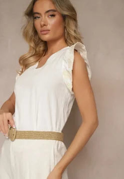 Biała Bawełniana Bluzka z Falbanką Przy Ramionach Ozdobioną Haftem Helabina