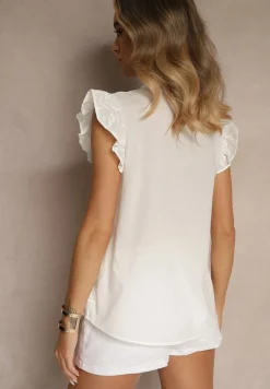 Biała Bawełniana Bluzka ze Wzorem Liści i Falbankami Dolinnesa