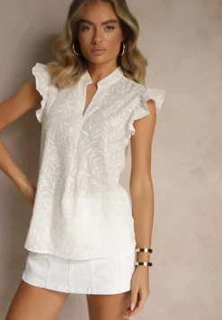 Biała Bawełniana Bluzka ze Wzorem Liści i Falbankami Dolinnesa