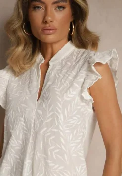 Biała Bawełniana Bluzka ze Wzorem Liści i Falbankami Dolinnesa