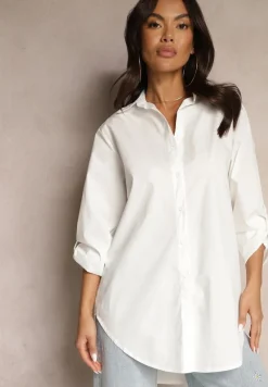 Biała Bawełniana Długa Koszula z Regulacją przy Rękawach Dorivelle
