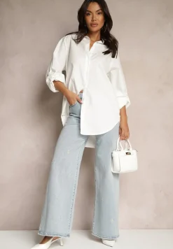 Biała Bawełniana Długa Koszula z Regulacją przy Rękawach Dorivelle