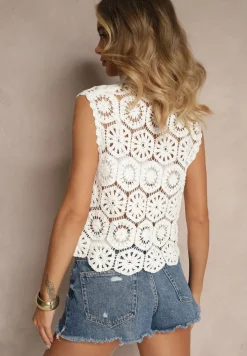 Biała Bawełniana Kamizelka o Szydełkowym Splocie z Wiązaniem Folidea
