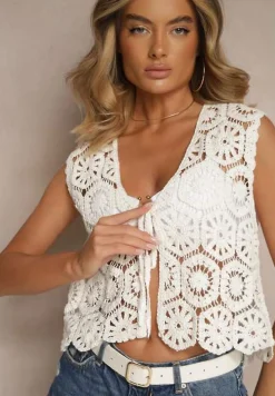 Biała Bawełniana Kamizelka o Szydełkowym Splocie z Wiązaniem Folidea
