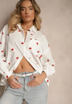 Biała Bawełniana Koszula w Truskawkowy Wzór o Luźnym Fasonie Gonavion