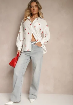 Biała Bawełniana Koszula w Truskawkowy Wzór o Luźnym Fasonie Gonavion
