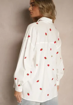 Biała Bawełniana Koszula w Truskawkowy Wzór o Luźnym Fasonie Gonavion