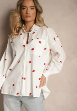 Biała Bawełniana Koszula w Truskawkowy Wzór o Luźnym Fasonie Gonavion