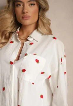 Biała Bawełniana Koszula w Truskawkowy Wzór o Luźnym Fasonie Gonavion