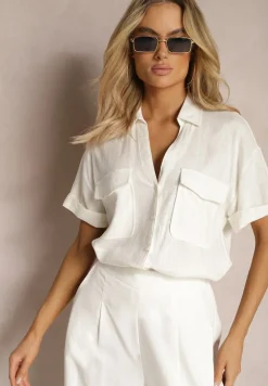 Biała Bawełniana Koszula z Lnem o Klasycznym Fasonie Leontia