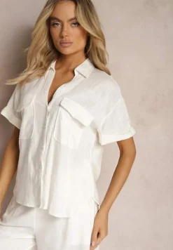 Biała Bawełniana Koszula z Lnem o Klasycznym Fasonie Leontia