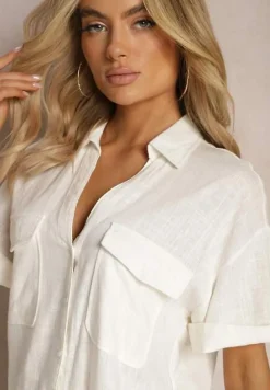 Biała Bawełniana Koszula z Lnem o Klasycznym Fasonie Leontia