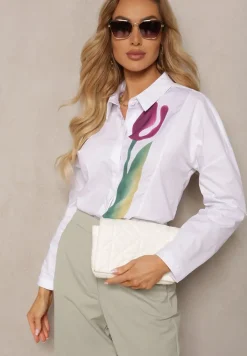 Biała Bawełniana Koszula z Printem w Kształcie Tulipana Aneida