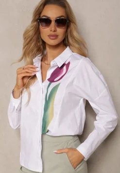 Biała Bawełniana Koszula z Printem w Kształcie Tulipana Aneida