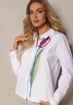 Biała Bawełniana Koszula z Printem w Kształcie Tulipana Aneida