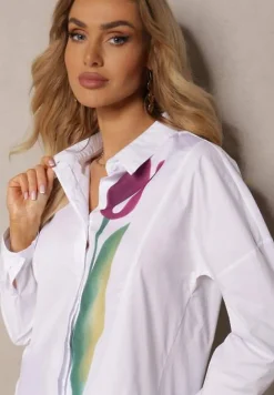 Biała Bawełniana Koszula z Printem w Kształcie Tulipana Aneida