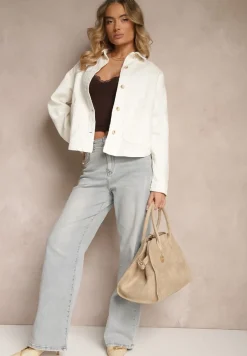 Biała Bawełniana Kurtka o Koszulowym Kroju z Kieszeniami i Tłoczeniem Leliora