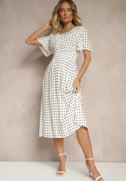 Biała Bawełniana Sukienka o Rozkloszowanym Fasonie w Kropki Tolimirae