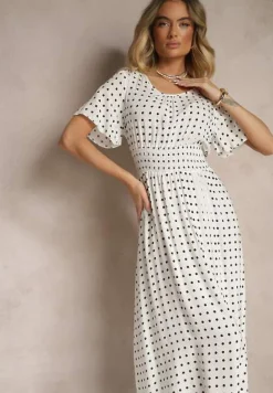 Biała Bawełniana Sukienka o Rozkloszowanym Fasonie w Kropki Tolimirae