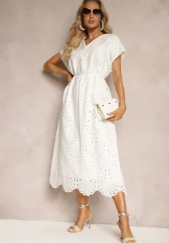 Biała Bawełniana Sukienka o Haftowanym Wykończeniu z Materiałowym Paskiem w Talii Dimla
