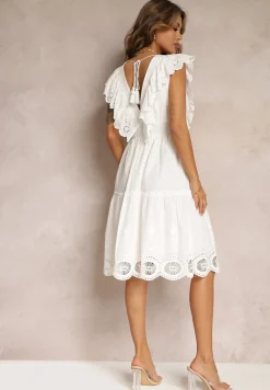 Biała Bawełniana Sukienka z Haftem i Falbankami Casira