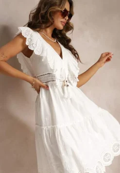 Biała Bawełniana Sukienka z Haftem i Falbankami Casira