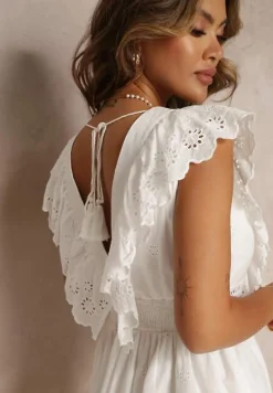 Biała Bawełniana Sukienka z Haftem i Falbankami Casira