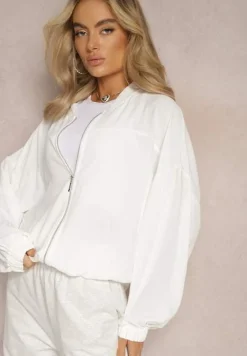 Biała Bluza Bomberka ze Ściągaczami i Luźnymi Rękawami Nerati