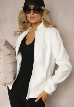 Biała Bluza na Suwak Ocieplana Polarem z Kołnierzem Imerulia