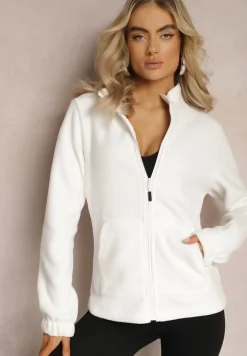 Biała Bluza na Suwak Ocieplana Polarem z Kołnierzem Imerulia