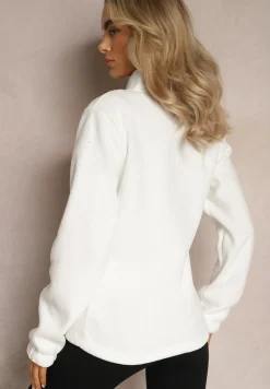 Biała Bluza na Suwak Ocieplana Polarem z Kołnierzem Imerulia