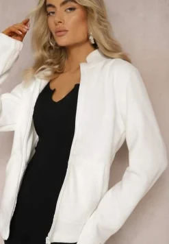 Biała Bluza na Suwak Ocieplana Polarem z Kołnierzem Imerulia