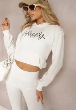 Biała Bluza Ozdobiona Napisem z Kangurkową Kieszenią i Kapturem Hecconia