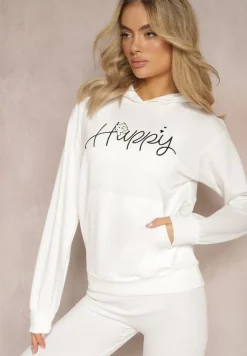 Biała Bluza Ozdobiona Napisem z Kangurkową Kieszenią i Kapturem Hecconia