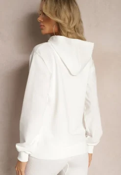 Biała Bluza Ozdobiona Napisem z Kangurkową Kieszenią i Kapturem Hecconia