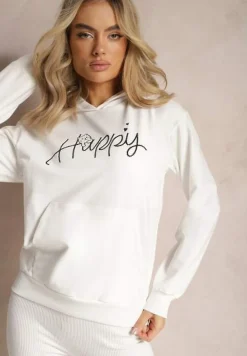 Biała Bluza Ozdobiona Napisem z Kangurkową Kieszenią i Kapturem Hecconia