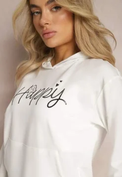 Biała Bluza Ozdobiona Napisem z Kangurkową Kieszenią i Kapturem Hecconia