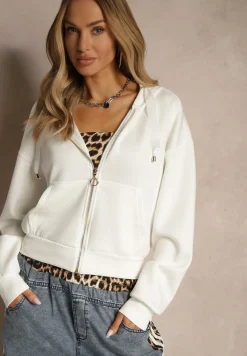 Biała Bluza Rozpinana z Kieszeniami i Kapturem ze Wstążką Orivessa