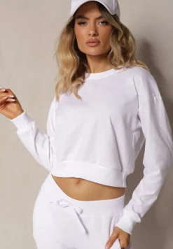 Biała Bluza z Bawełną ze Ściągaczami przy Rękawach i w Pasie Alberia