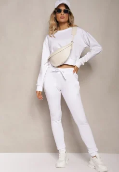 Biała Bluza z Bawełną ze Ściągaczami przy Rękawach i w Pasie Alberia