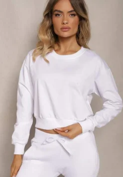 Biała Bluza z Bawełną ze Ściągaczami przy Rękawach i w Pasie Alberia