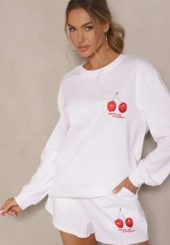 Biała Bluza z Bawełny o Klasycznym Kroju z Aplikacją w Wisienki Silzekia