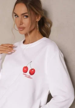 Biała Bluza z Bawełny o Klasycznym Kroju z Aplikacją w Wisienki Silzekia