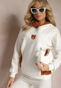 Biała Bluza z Bawełny z Ozdobną Naszywką z Misiem i Polarowym Kapturem Hecatia