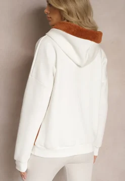 Biała Bluza z Bawełny z Ozdobną Naszywką z Misiem i Polarowym Kapturem Hecatia