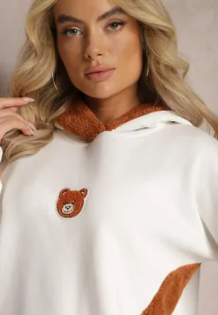Biała Bluza z Bawełny z Ozdobną Naszywką z Misiem i Polarowym Kapturem Hecatia