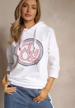 Biała Bluza z Kapturem Ozdobnym Nadrukiem i Rękawami 3/4 Saniressa