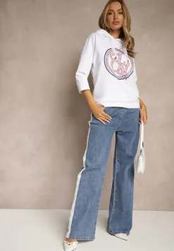 Biała Bluza z Kapturem Ozdobnym Nadrukiem i Rękawami 3/4 Saniressa